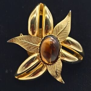 Brown Topaz Glass Brooch Domed Flower Pin Gold Tone Curved MCM Vintage 1960s
